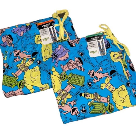 2 Pairs Men’s Sesame Street Pastel Character Art Men's Blue Sleep Pajama Pants - Picture 1 of 8